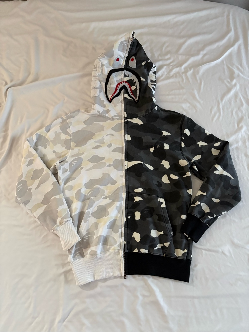 Bape Half-and-Half Camo Shark Zip Hoodie - Black & White